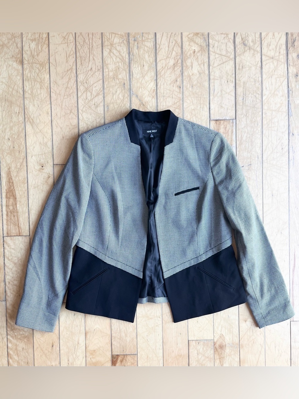 Nine West Modern Houndstooth Contrast Open Front Blazer Size 12 - Picture 2 of 8
